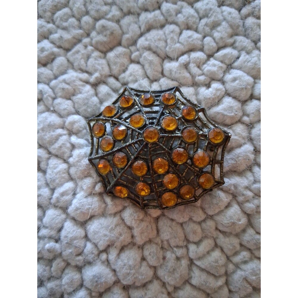 Vintage Gothic Metal Spider Web Brooch with Amber Rhinestones